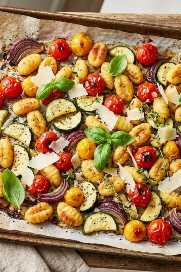 Crispy golden sheet-pan gnocchi roasted with sweet cherry tomatoes, zucchini, red onion, and fresh basil