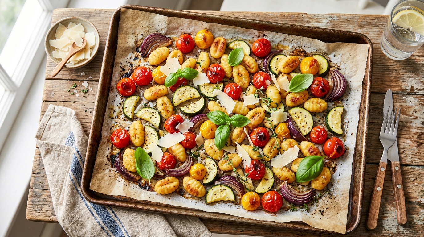 Crispy golden sheet-pan gnocchi roasted with sweet cherry tomatoes, zucchini, red onion, and fresh basil