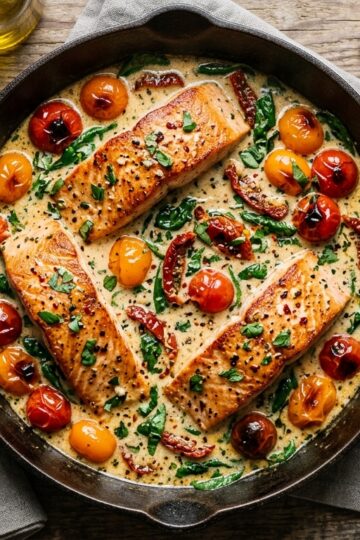 Tuscan garlic butter salmon fillets seared in a skillet with blistered cherry tomatoes, spinach, and garlic cream sauce