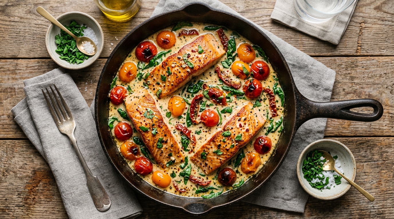 Tuscan garlic butter salmon fillets seared in a skillet with blistered cherry tomatoes, spinach, and garlic cream sauce